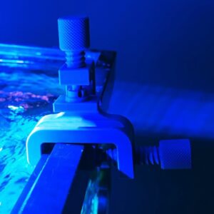 Suporte de mangueira iluminado por luz azul num aquário de recife